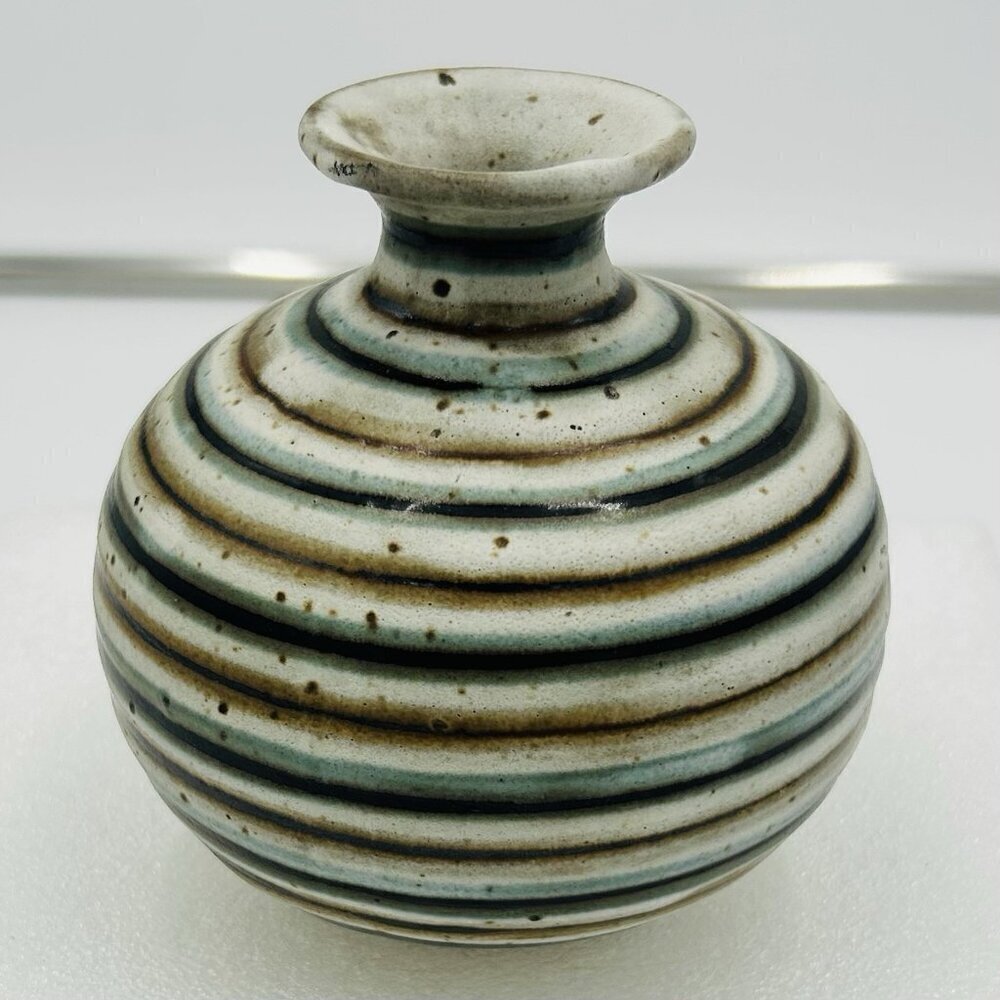 Otagiri OMC Japan Miniature 4" Bud Vase Blue Brown Striped Gold Sticker Vintage - Picture 4 of 6
